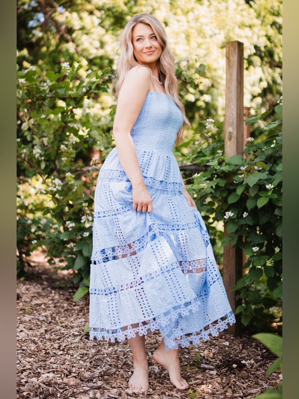 Strut & Bolt Lena Eyelet Strapless Midi Dress Chambray Blue Size Small
